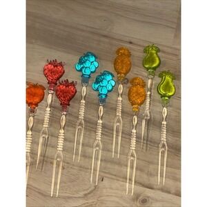 Vtg Jubilee 1998 Acrylic Cocktail Fork 9 Piece Set Fruit Design